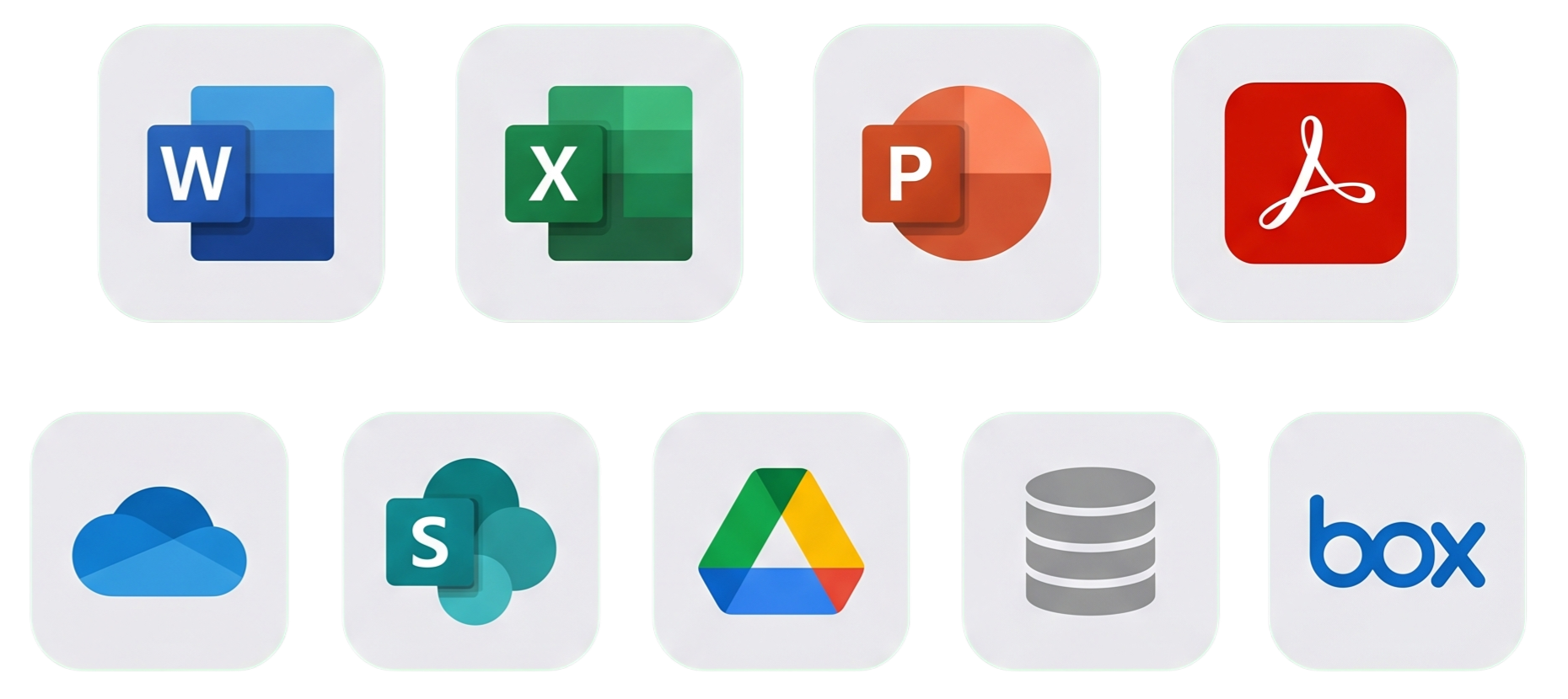 Word・Excel・PowerPoint・PDF、OneDrive・SharePoint・Google Drive・boxなど、さまざまな形式と保管場所のファイルをそのまま扱えることを表すアプリアイコン一覧。